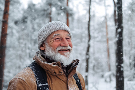 happy bearded old man enjoing snow in winter park with copy spaceの素材
