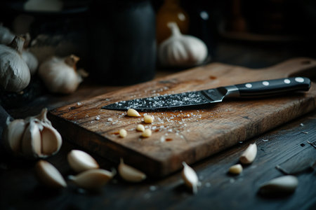 garlic and knife on a brown wooden cutting board with copy spaceの素材