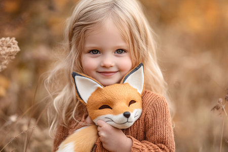 cute little girl holding fox mask in autumn meadowの素材