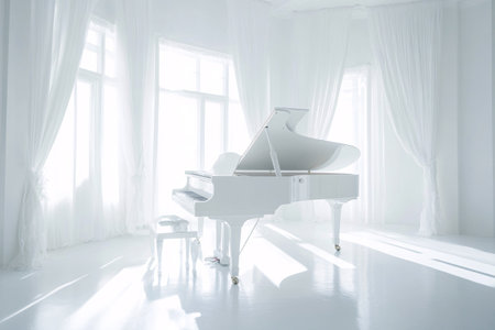 white grand piano in bright white roomの素材