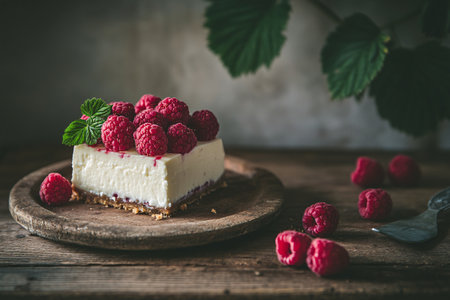 slice of cheesecake and raspberries on the wooden table with copy spaceの素材