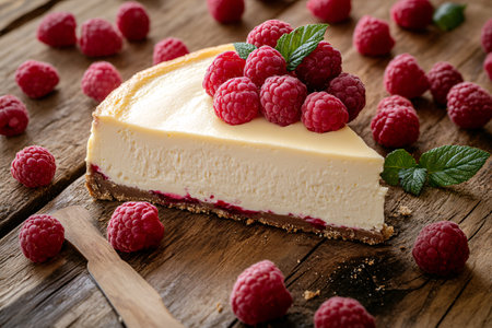 piece of creamy cheesecake and raspberries on the wooden backgroundの素材