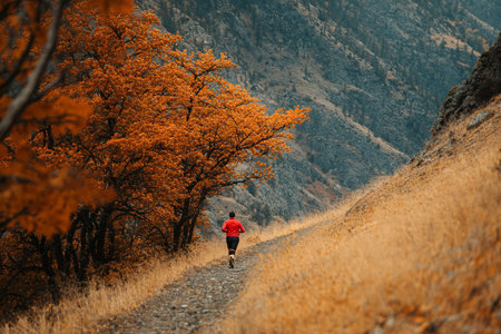 man running in the mountains in autumnの素材