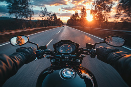 drivers point of view of hands driving black motorbikeの素材