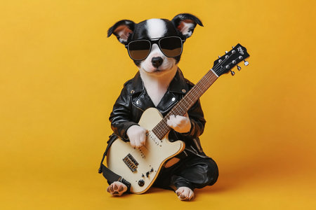 cute puppy in a leather jacket and sunglasses with guitar on yellowの素材