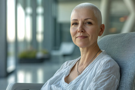 senior woman without hair in hospitalの素材