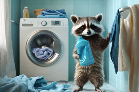cute raccoon holding big bottle of washing liquid near washing machineの素材