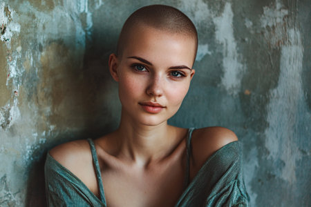 woman with short hair on grey backgroundの素材