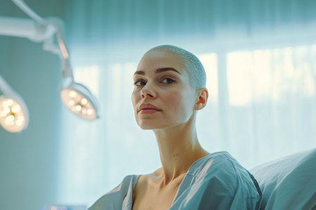 side view of woman with oncology in hospital with copy space for textの素材