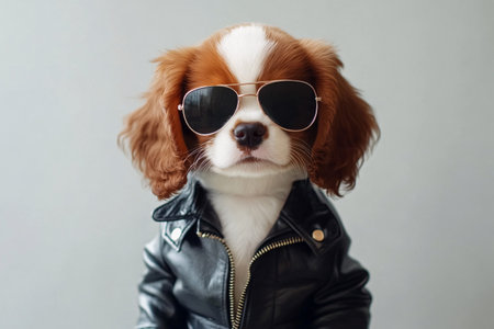cute puppy in a leather jacket and sunglasses on whiteの素材