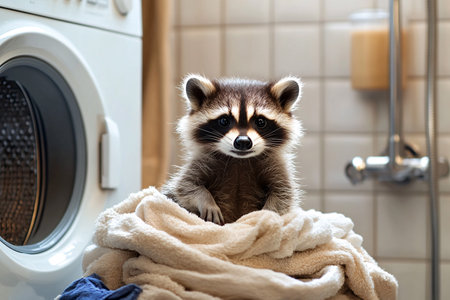 raccoon near washing machine with clothes with copy spaceの素材