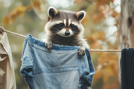 cute raccoon hangs out laundry after washingの素材