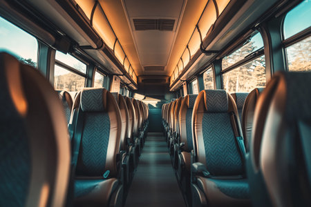 close up of modern bus cabin with empty seatsの素材