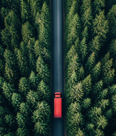 top view of red truck driving on a road through green forest. Aerial view with symmetrical tree arrangement. Nature and transportation conceptの素材