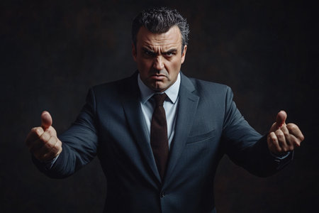 portrait of angry businessman boss in business suit over black backgroundの素材