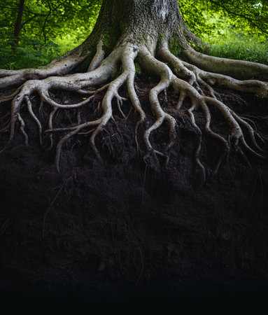 beautiful tree roots under ground and copy space, nature and environmental conservation conceptの素材