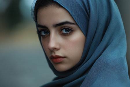 Young beautiful woman wearing hijab looking at the camera. Cultural and traditional fashion conceptの素材