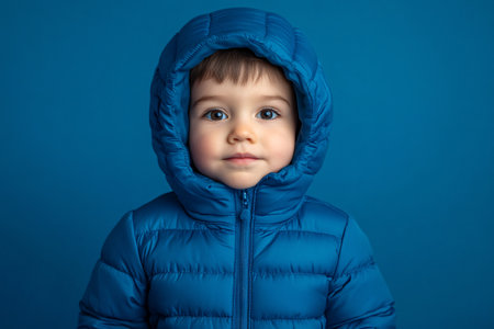 portrait of little boy in blue winter down jacket on the blue backgroundの素材