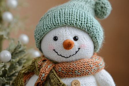 close up of cute knitted toy snowman in the hat and scarfの素材