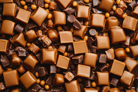 Close up of caramel candies and chocolatel cubes. Sweet dessert and food texture background.の素材