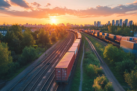 aerial view of train with shipping containers on the sunset backgroundの素材
