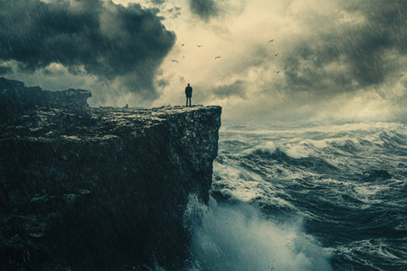 back view of man standing on cliff over stormy sea with copy space for textの素材