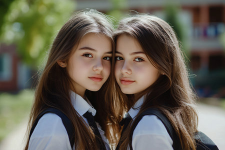 two sisters twins in similar school dresses outdoorの素材