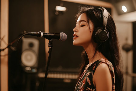 woman singer recording song in studioの素材