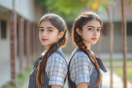two sisters twins in similar dresses outdoorの素材