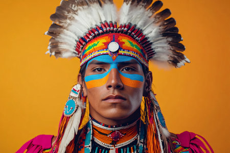 portrait of handsome american indian man in traditional clothesの素材