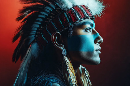 side view of american indian man in traditional clothes with copy spaceの素材