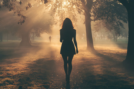 silhouette of beautiful woman in dress walking in fog in parkの素材