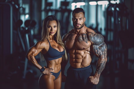 portrait of woman exercising with muscular man in gymの素材