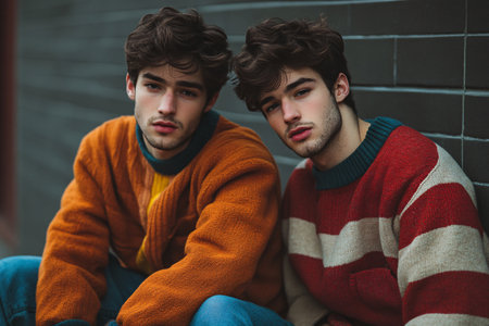 two men brothers twins in sweatersの素材