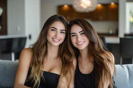 two beautiful sisters twins sitting on sofa at homeの素材