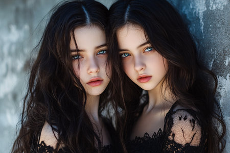 two sisters twins in similar wearの素材