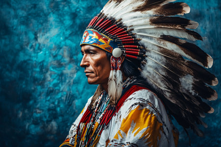 american indian man in traditional clothes with copy spaceの素材