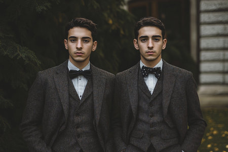 two men brothers twins in suits outdoorの素材