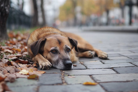 sad homeless dog lying on city roadの素材
