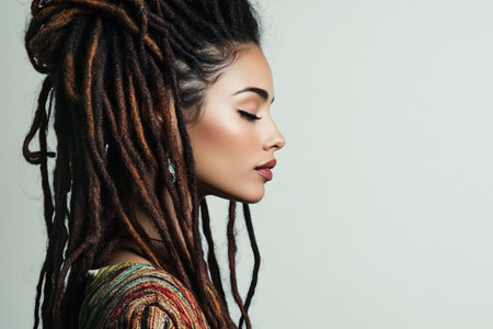 side view of attractive woman with dreadlock hairstyle on white background with copy spaceの素材