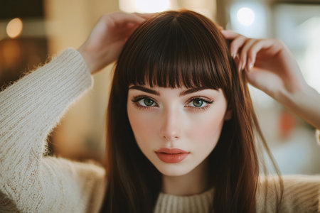close up portrait of young beautiful woman, female hairstyle with bangの素材