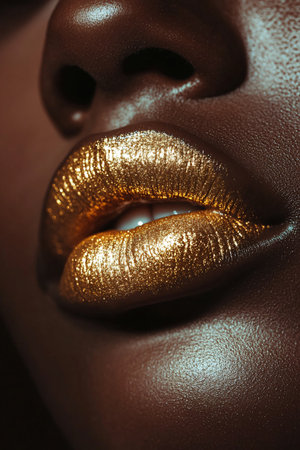 close up of female lips with golden lipstickの素材