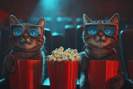 two cats wearing 3D glasses with popcorn in a movie theater. Movie night and entertainment conceptの素材