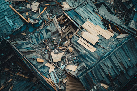 aerial view of destroyed house after hurricane or tornadoの素材