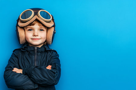 happy boy in pilot clothes on blue background with copy space for textの素材