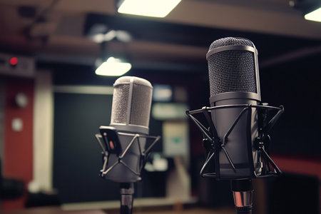 two microphones for podcast in modern studioの素材