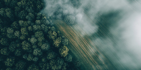 aerial view of field and forest in the fog with copy spaceの素材
