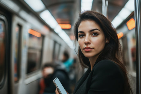 portrait of  businesswoman in suit in a subway train with copy spaceの素材