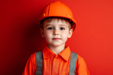 little happy boy in builder clothes on red backgroundの素材