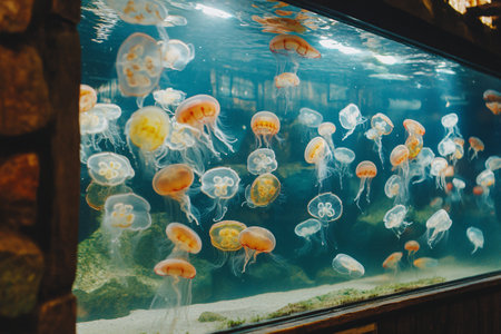 big aquarium with colorful jellyfishes in zoo with copy spaceの素材